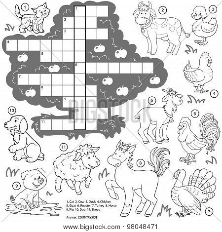 Vector Colorless Crossword, Education Game About Farm Animals