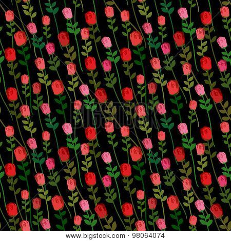 Red Roses On A Black Background Seamless Pattern. Vector Onament Of Beautiful Flowers.