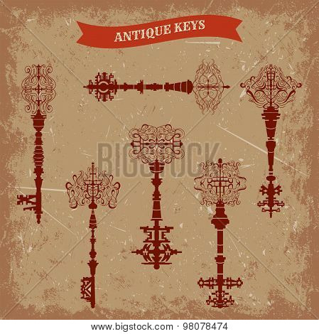 Set of antique keys. Vintage vector illustrtion collection.