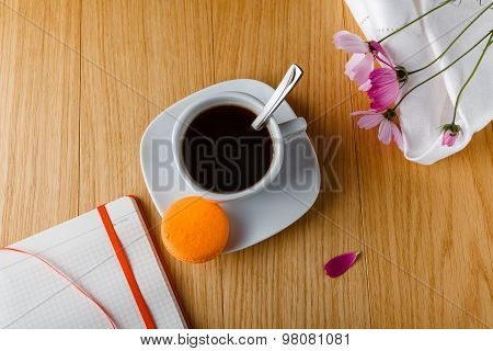 Breakfast With Coffee, Colorful Macaron And Open Diary