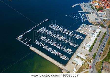 Aerial view of the dock full of yachts on the river of Douro in the city of Porto