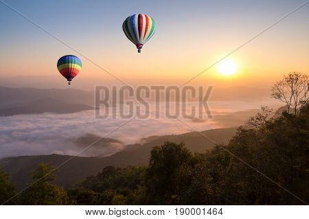Hot Air Balloon Over  Sea Of Cloud At Doi Samer Dao Hill In Morning, Nan Province, Thailand