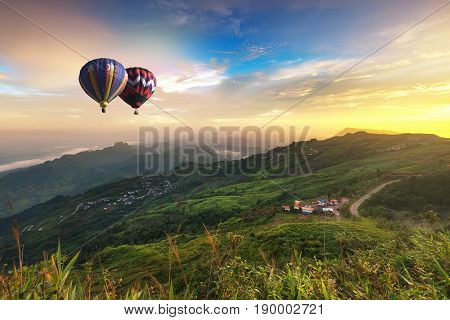 Hot Air Balloon Over Phu Tab Berk Hill In Phu Hin Rong Kha National Park, Phetchabun Province, Thail