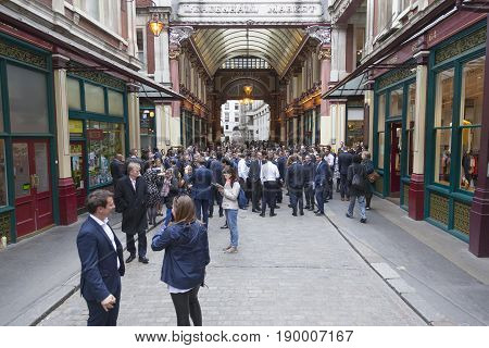 London United Kingdom 7 may 2017: large crowd of people for lunch at leadenhall market near city of london