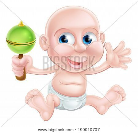 An illustration of a happy cartoon baby waving and playing with his toy rattle