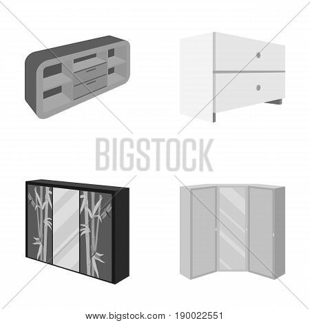 Chest of drawers, wardrobe with mirror, corner cabinet, white chest. Bedroom furniture set collection icons in monocrome style vector symbol stock illustration .