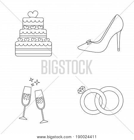 Wedding cake, bride's shoes, champagne glasses, wedding rings. Wedding set collection icons in outline style vector symbol stock illustration .