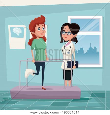 color background hospital room with woman in rehabilitation and female therapist vector illustration
