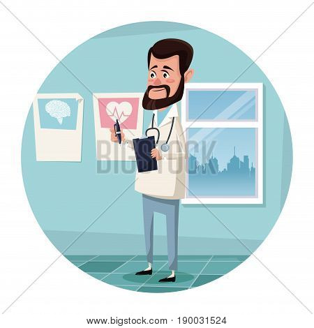 circular frame with color scene hospital room with man specialist doctor vector illustration