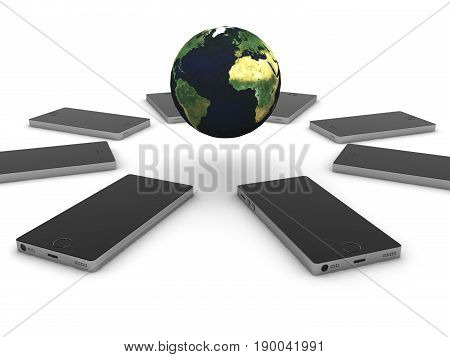 Mobile internet. Smartphones and glode isolated on white background. High quality 3d render.