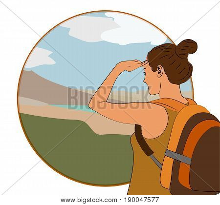 Young woman walking alone on a mountain trail. Girl looks at a horizon. Adventure travel. Summer vacation. Around the world. Cartoon style. Vector illustration.