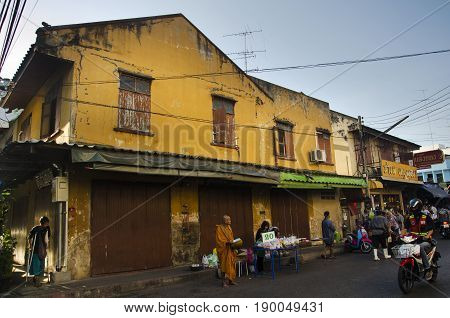 Traffic Road And People Walk On Street At Classic Old Town Near Mae Klong Railway Station And Talat