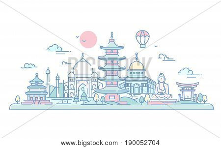 Asian Countries - modern vector line travel illustration. Discover India, Japan. Have a trip, enjoy your vacation. World famous landmarks - buddha , torii, mosque, Taj mahal
