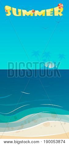 Summer background vector illustration of the evening beach at sunset with waves clouds and a plane flying in the sky seaside view poster