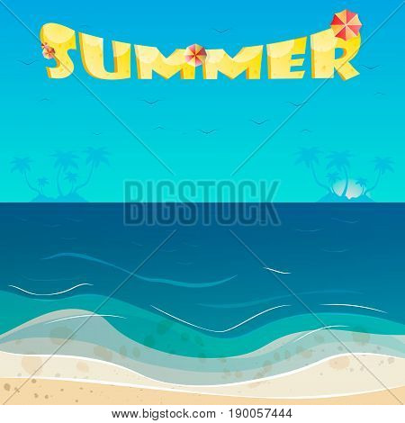 Summer background vector illustration of the evening beach at sunset with waves clouds and a plane flying in the sky seaside view poster