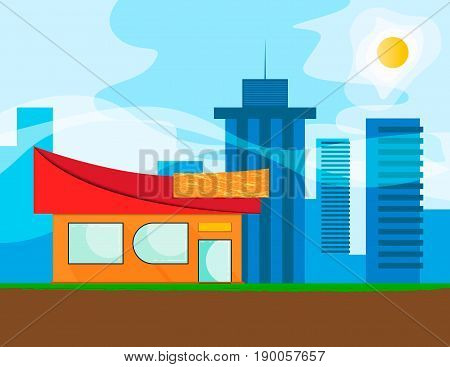 Vector illustration of a modern store on the background of the cityscape