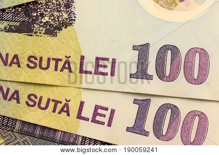 Close up Romanian currency note, LEI or LEU, Romania