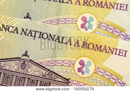 Close up Romanian currency note, LEI or LEU, Romania