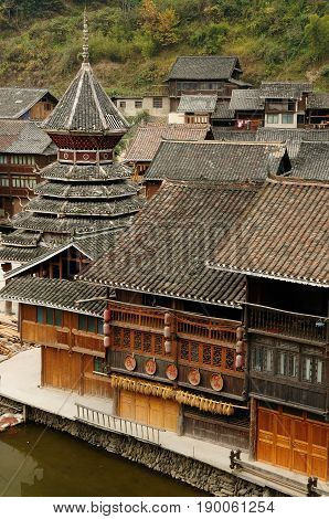 China Zhaoxing - gorgeous Dong village is packed whit traditional wooden structures several wind-and-rain bridges and remarkable drum towers Guizhou province