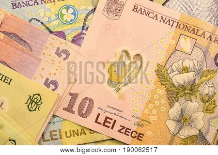 Close up Romanian currency note, LEI or LEU, Romania