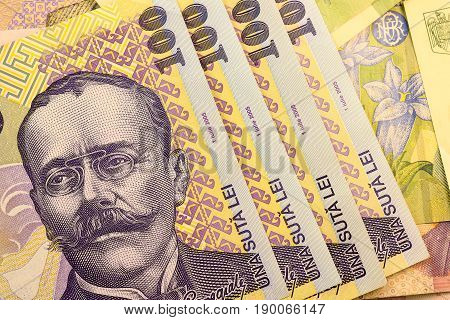 Close up Romanian currency note, LEI or LEU, Romania
