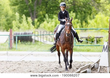 Young teenage girl in helmet riding horse on dressage equestrian competition