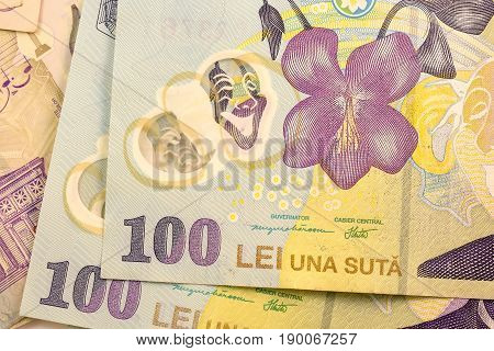 Close up Romanian currency note, LEI or LEU, Romania
