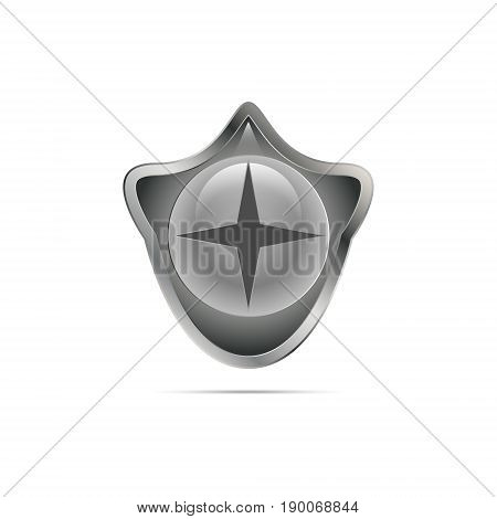 Vector illustration of a gray gradient shield of a rounded shape on a white background with a shadow with glare and a globular emblem with a round glare inside and a dark gray star with four rays.