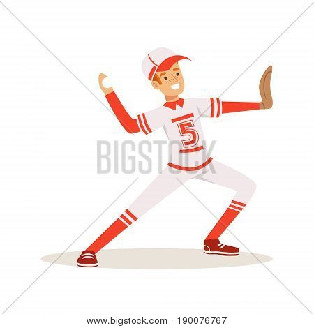 Smiling baseball player in a red uniform pitching the ball vector Illustration isolated on a white background