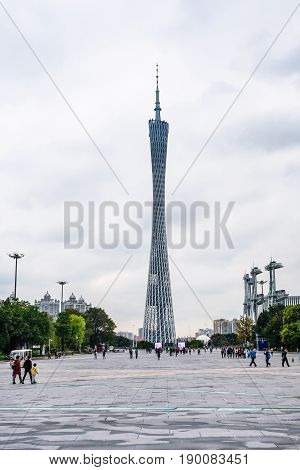 Visitors On Square And View Of Guangzhou Tower