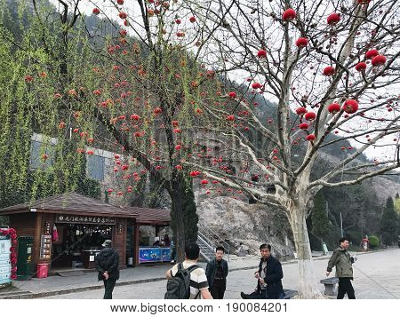 Tourists Near In Gift Shop In Longmen Grottoes