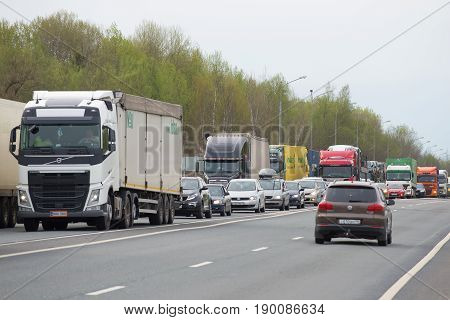 NOVGOROD REGION, RUSSIA - MAY 27 2017: Traffic jam on the M10 