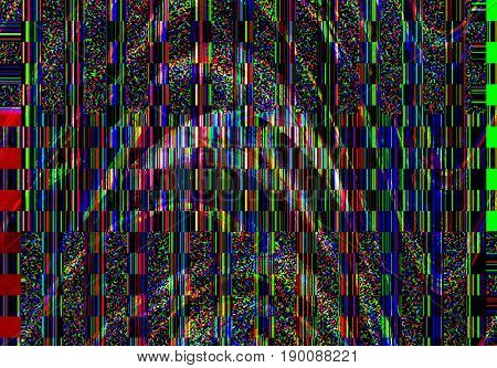 Glitch psychedelic background. Old TV screen error. Digital pixel noise abstract design. Broken pixels glitch. Television signal fail. Technical problem grunge wallpaper. Colorful noise rerto