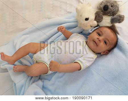 two months old baby boy surrounded by toys, koala and puppy