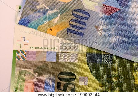 Close up Swiss francs currency note CHF