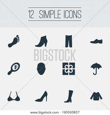 Vector Illustration Set Of Simple Clothes Icons. Elements Brolly, Winter Footwear, Brasserie And Other Synonyms Breeches, Make-Up And Apparel.