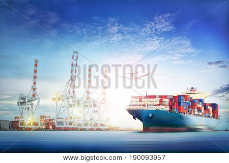 Logistics and transportation of International Container Cargo ship and cargo plane in the ocean at twilight sky Freight Transportation Shipping