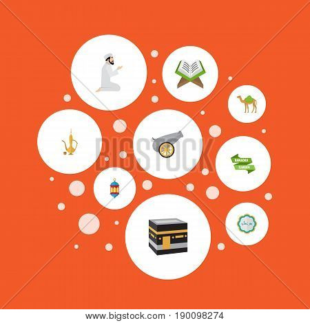 Flat Icons Ramadan Kareem, Praying Man, Holy Book And Other Vector Elements. Set Of Ramadan Flat Icons Symbols Also Includes Decorative, Koran, Book Objects.