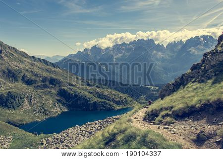 Glacier mountain lake in Brenta Dolomites. Lago Ritorto of the 5 Laghi trek.