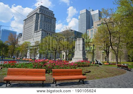 MONTREAL QUEBEC CANADA 09 17 2016: Sunlife building in Montreal canada.The Sun Life Building is an historic office building at 1155 Metcalfe Street. Place ville Marie in background.
