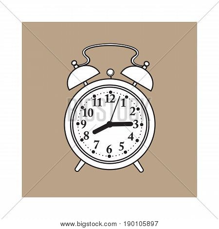 Retro style analog alarm clock, hand drawn sketch style vector illustration isolated on brown background. Realistic hand drawing of analog retro, vintage alarm clock with two bells