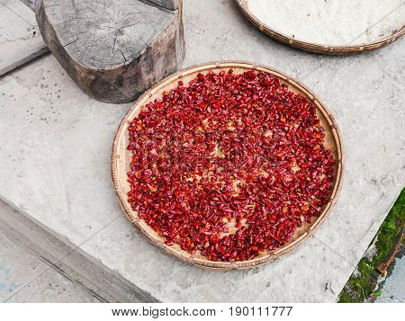 Pieces Of Paprika On Plate Dry Outdoors