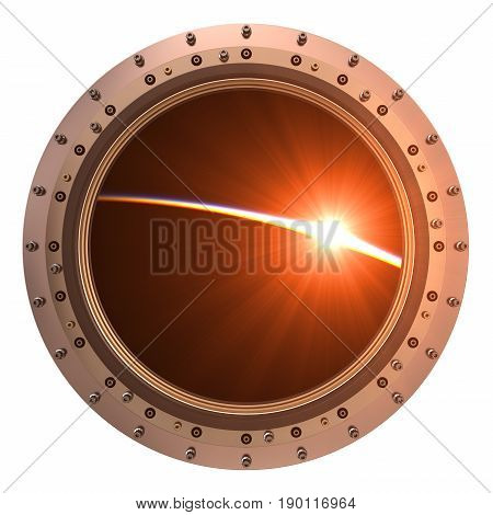 View On The Sunrise Through The Porthole Of Spaceship. 3D Illustration.