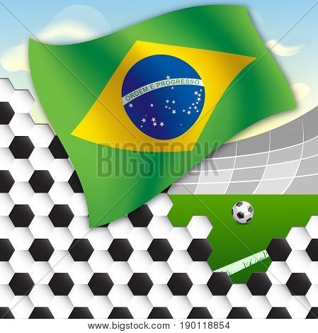Flag of Brazil against the backdrop of the stadium football field and the ball