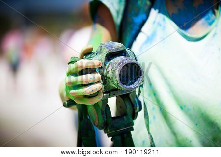 Detail of dirty dslr camera. Equipment mistreat.
