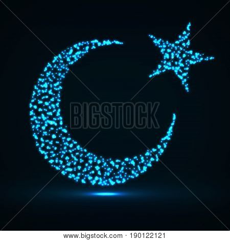 Abstract Crescent Moon And Star Of Glowing Particles. Religion Symbol. Vector