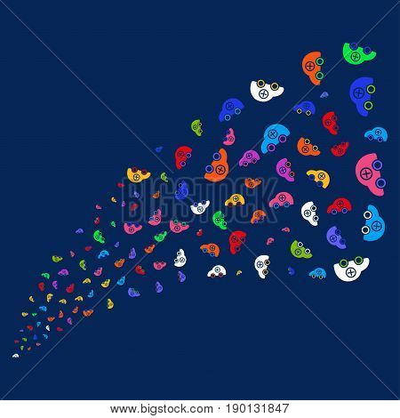 Fountain of ambulance car icons. Vector illustration style is flat bright multicolored ambulance car iconic symbols on a blue background. Object salute combined from confetti symbols.