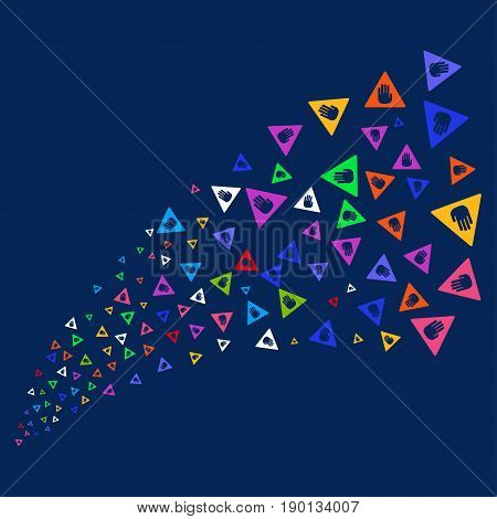 Source stream of caution icons. Vector illustration style is flat bright multicolored caution iconic symbols on a blue background. Object source combined from scattered design elements.