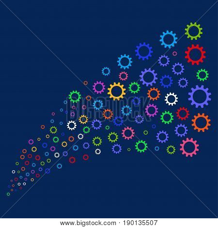 Source stream of cogwheel symbols. Vector illustration style is flat bright multicolored cogwheel iconic symbols on a blue background. Object stream combined from scattered symbols.
