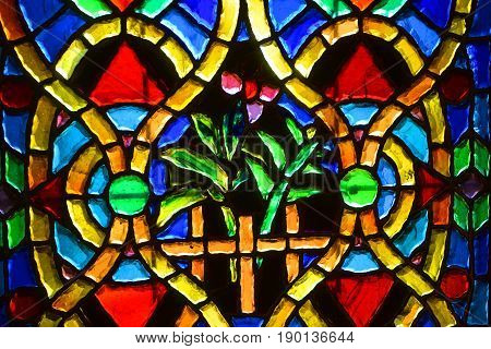 MONTREAL CANADA 05 19 2017: Stained Glass Window With Symmetrical Patterns In Notre-Dame Basilica. Gota love glass in Old Montreal Quebec Canada